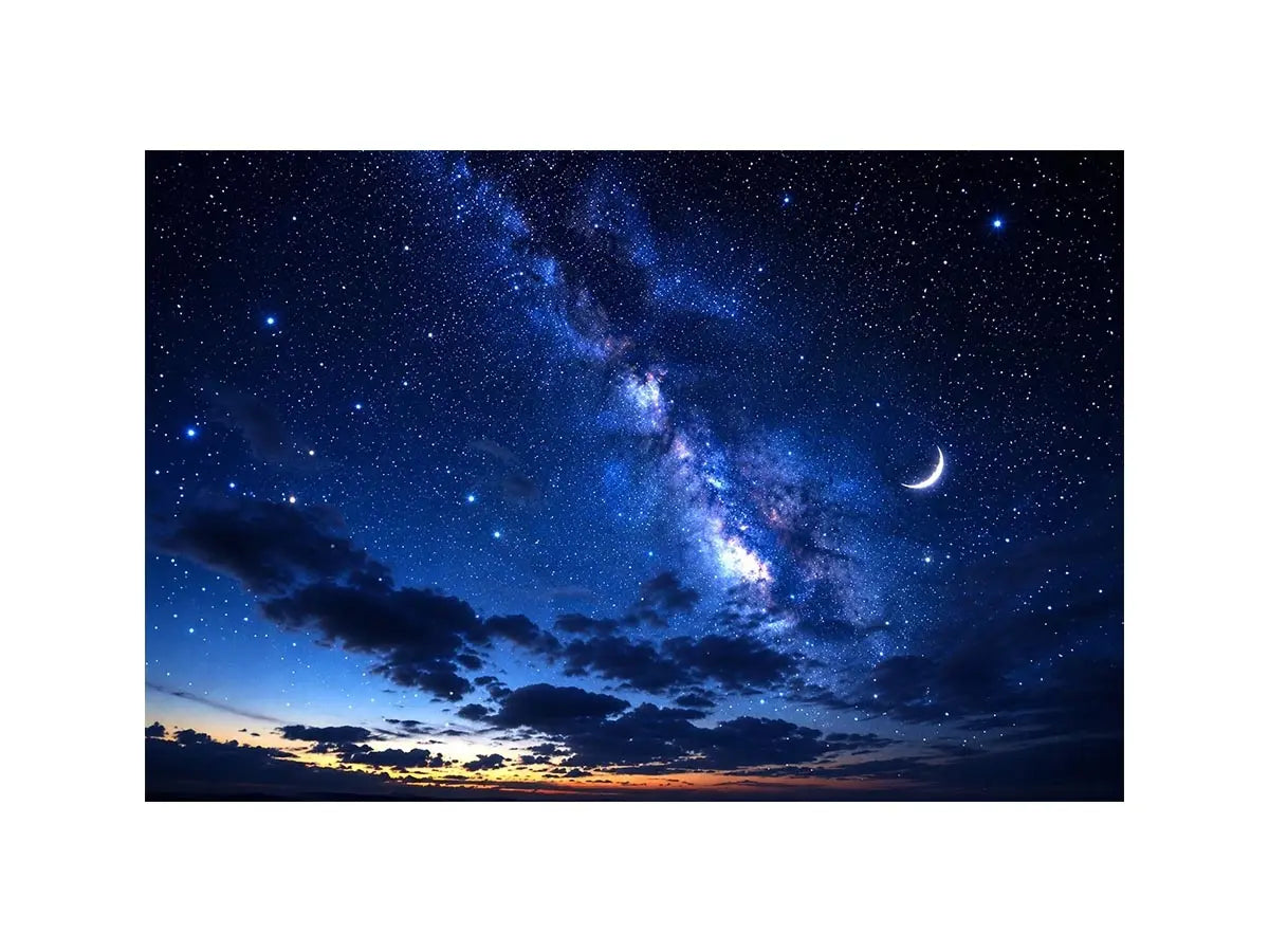 Peaceful night sky artwork featuring a crescent moon glowing among countless stars and deep blue clouds