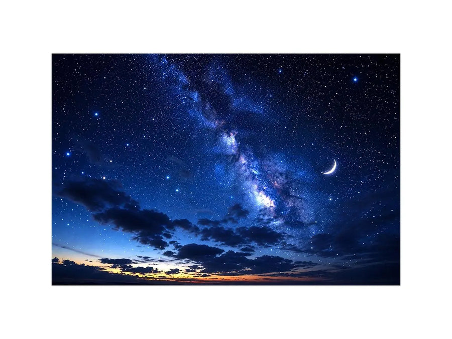 Peaceful night sky artwork featuring a crescent moon glowing among countless stars and deep blue clouds