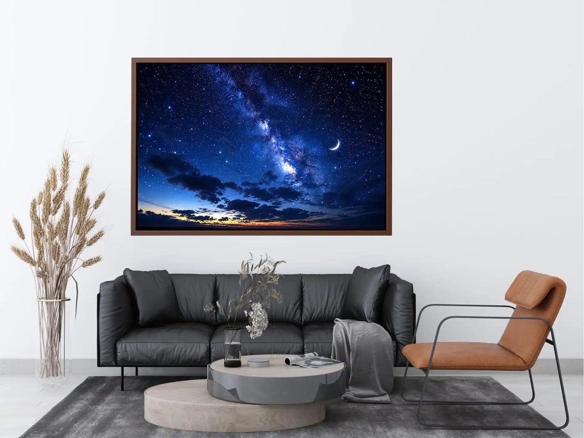 Peaceful night sky artwork featuring a crescent moon glowing among countless stars and deep blue clouds