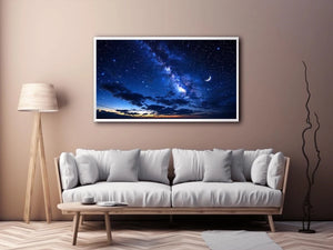 Peaceful night sky artwork featuring a crescent moon glowing among countless stars and deep blue clouds