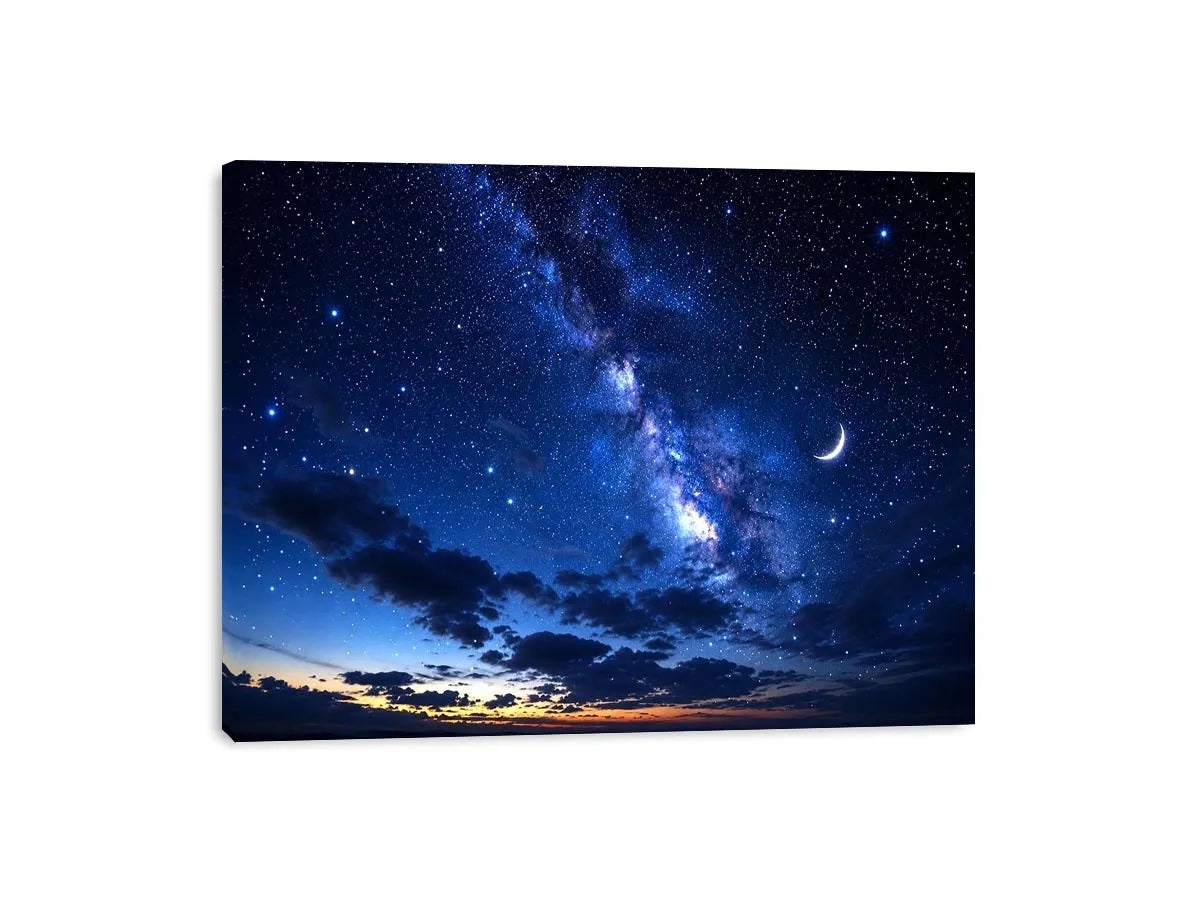 Peaceful night sky artwork featuring a crescent moon glowing among countless stars and deep blue clouds