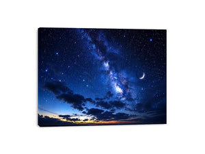 Peaceful night sky artwork featuring a crescent moon glowing among countless stars and deep blue clouds