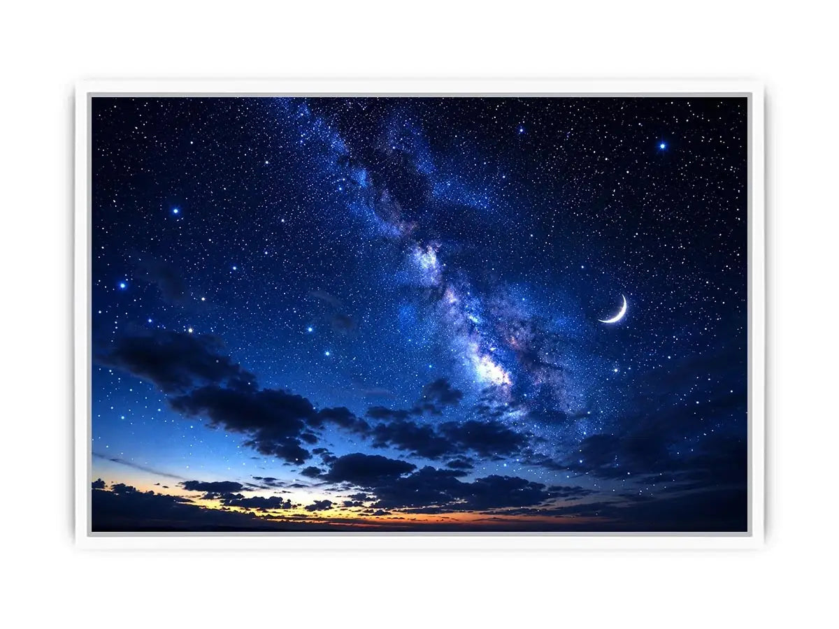 Peaceful night sky artwork featuring a crescent moon glowing among countless stars and deep blue clouds