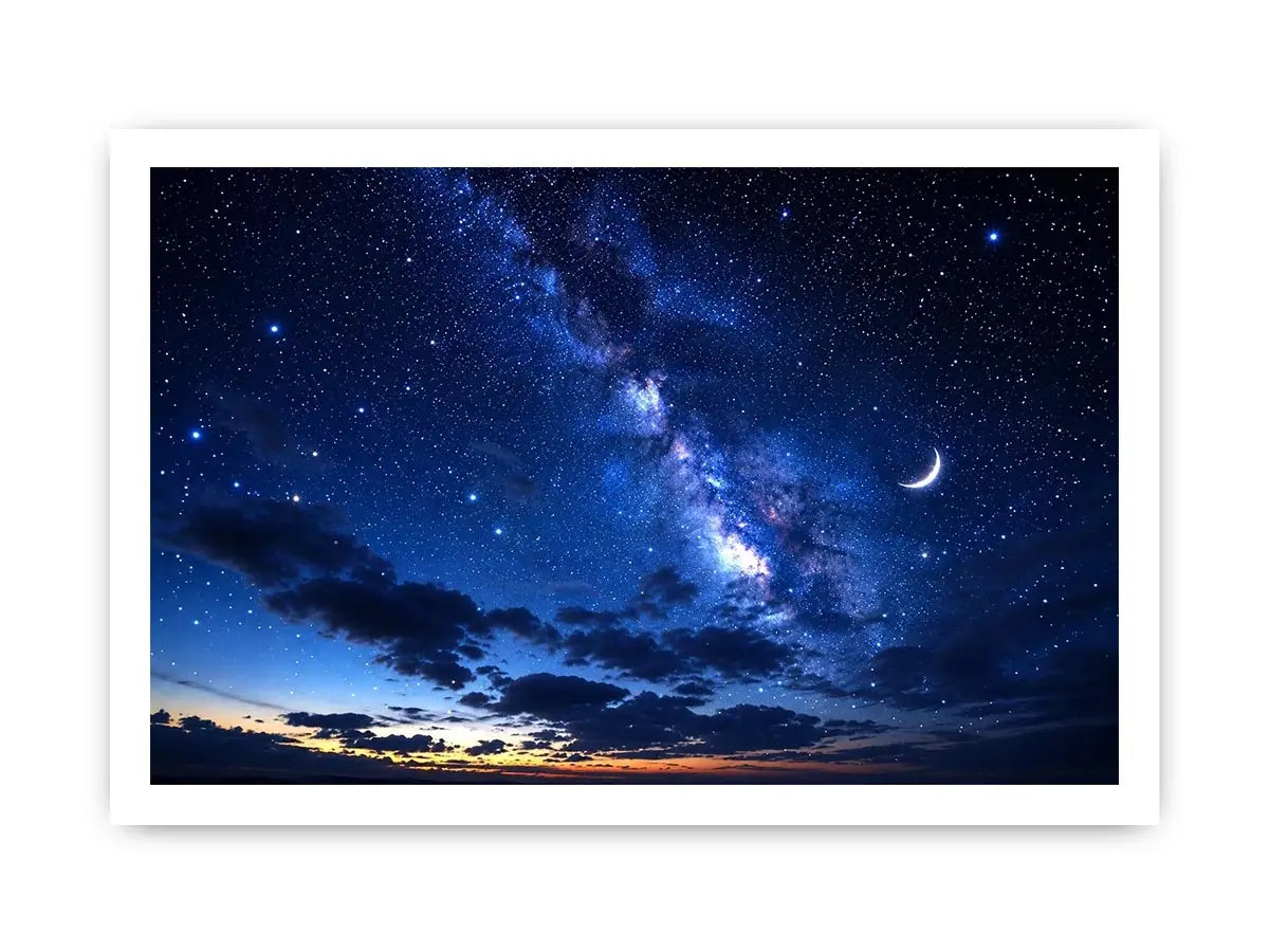 Peaceful night sky artwork featuring a crescent moon glowing among countless stars and deep blue clouds