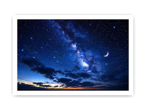 Peaceful night sky artwork featuring a crescent moon glowing among countless stars and deep blue clouds