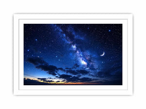 Peaceful night sky artwork featuring a crescent moon glowing among countless stars and deep blue clouds