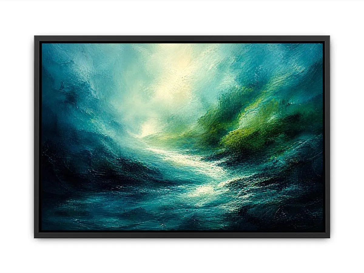Green abstract landscape painting with flowing textures and luminous depth