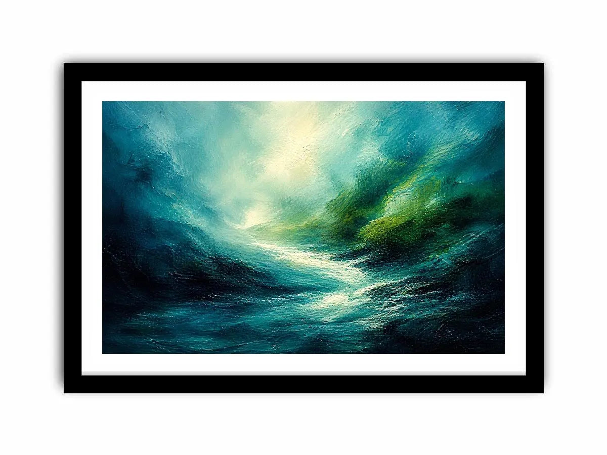 Green abstract landscape painting with flowing textures and luminous depth