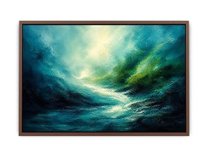 Green abstract landscape painting with flowing textures and luminous depth