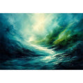 Green abstract landscape painting with flowing textures and luminous depth