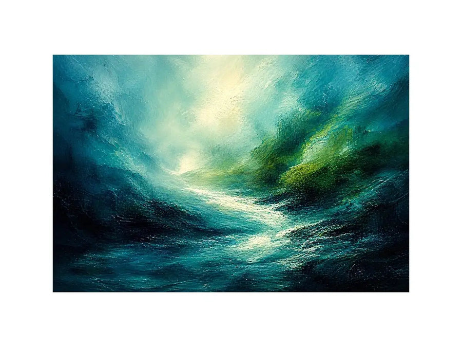 Green abstract landscape painting with flowing textures and luminous depth