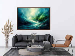 Green abstract landscape painting with flowing textures and luminous depth