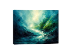 Green abstract landscape painting with flowing textures and luminous depth