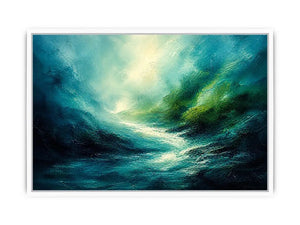 Green abstract landscape painting with flowing textures and luminous depth