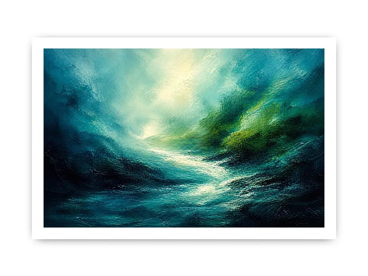 Green abstract landscape painting with flowing textures and luminous depth