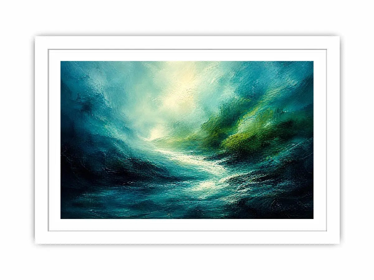 Green abstract landscape painting with flowing textures and luminous depth