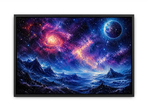 Fantasy cosmic landscape artwork featuring glowing galaxies, distant planets, stars, and surreal blue mountain terrain