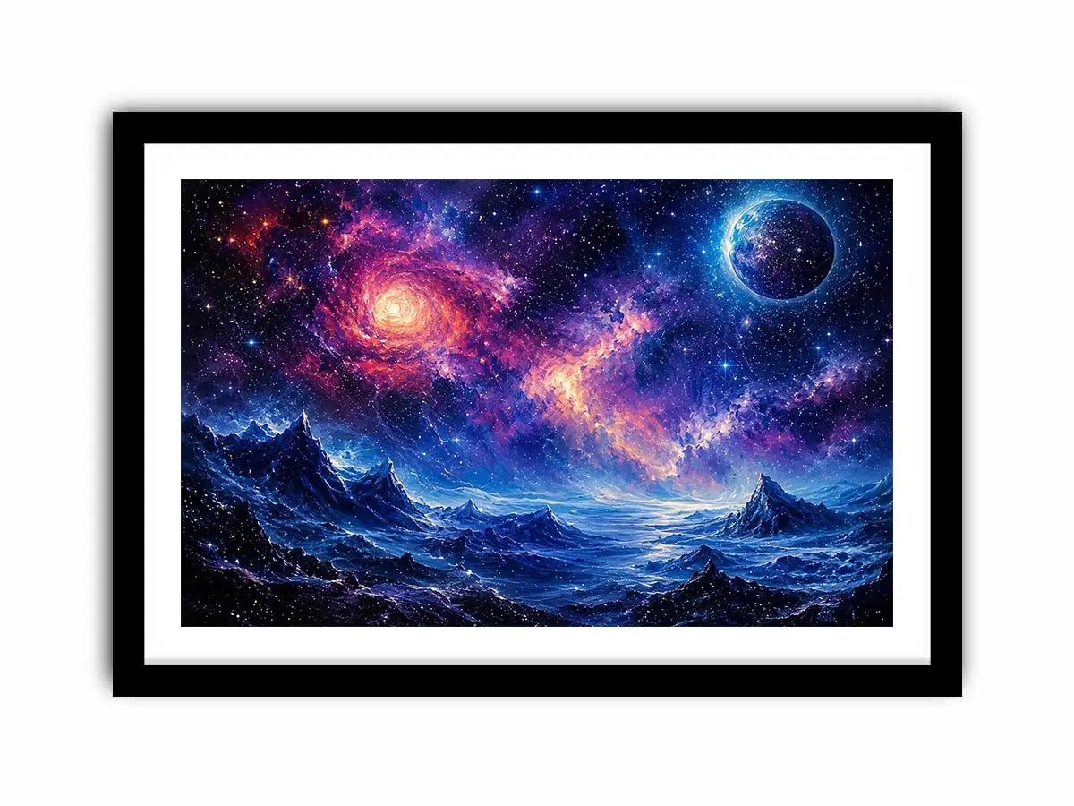Fantasy cosmic landscape artwork featuring glowing galaxies, distant planets, stars, and surreal blue mountain terrain