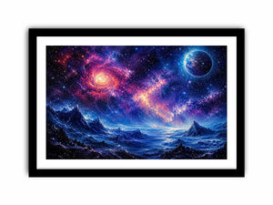 Fantasy cosmic landscape artwork featuring glowing galaxies, distant planets, stars, and surreal blue mountain terrain