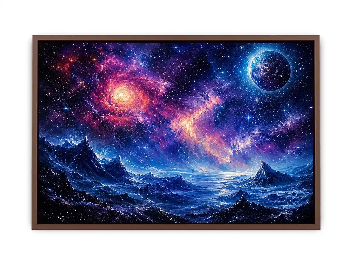 Fantasy cosmic landscape artwork featuring glowing galaxies, distant planets, stars, and surreal blue mountain terrain