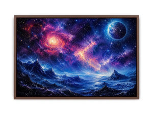 Fantasy cosmic landscape artwork featuring glowing galaxies, distant planets, stars, and surreal blue mountain terrain