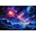 Fantasy cosmic landscape artwork featuring glowing galaxies, distant planets, stars, and surreal blue mountain terrain