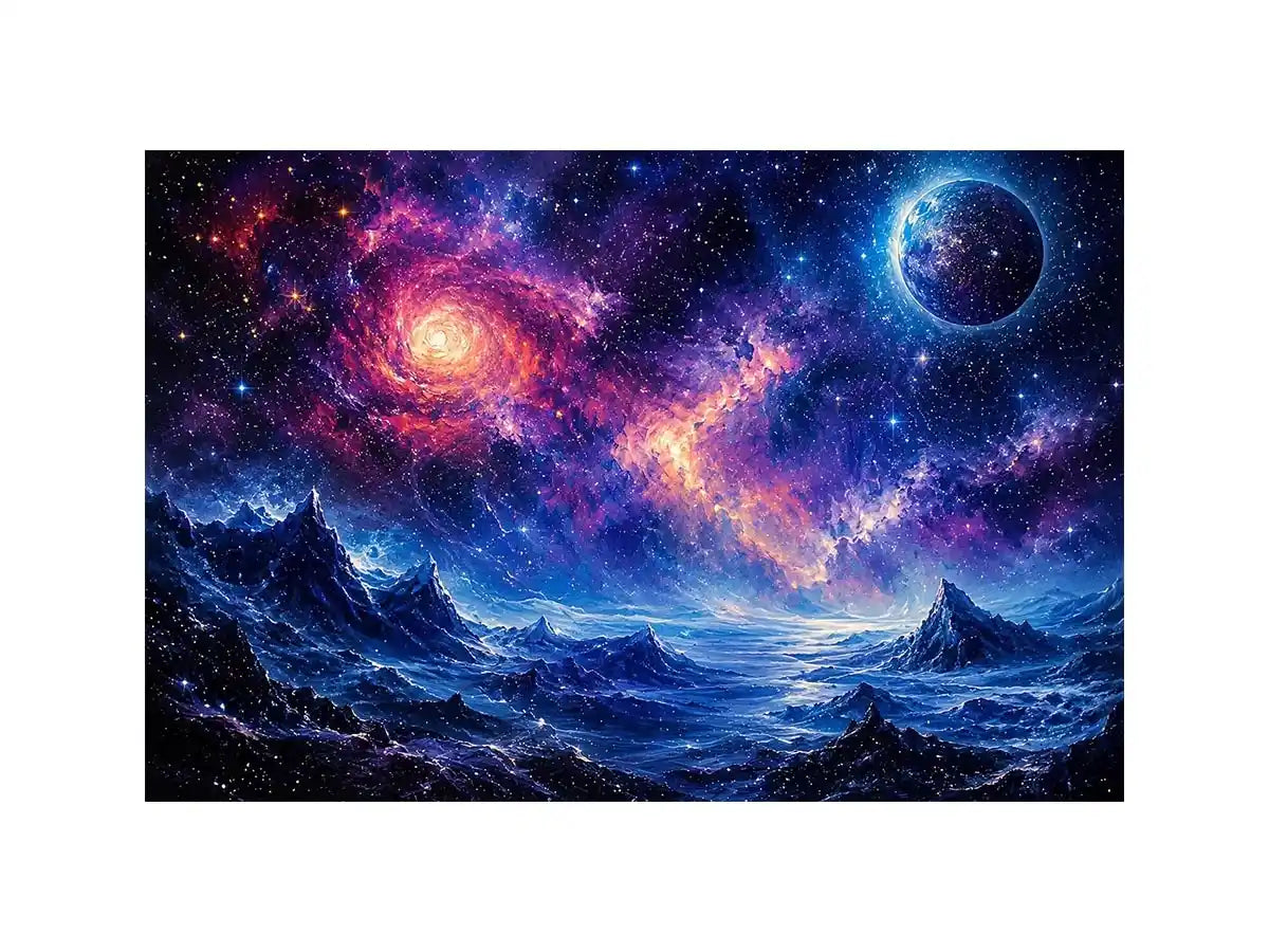 Fantasy cosmic landscape artwork featuring glowing galaxies, distant planets, stars, and surreal blue mountain terrain