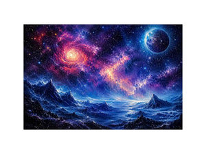 Fantasy cosmic landscape artwork featuring glowing galaxies, distant planets, stars, and surreal blue mountain terrain