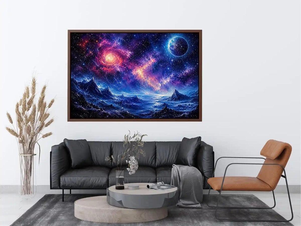 Fantasy cosmic landscape artwork featuring glowing galaxies, distant planets, stars, and surreal blue mountain terrain