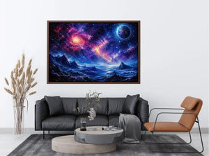 Fantasy cosmic landscape artwork featuring glowing galaxies, distant planets, stars, and surreal blue mountain terrain