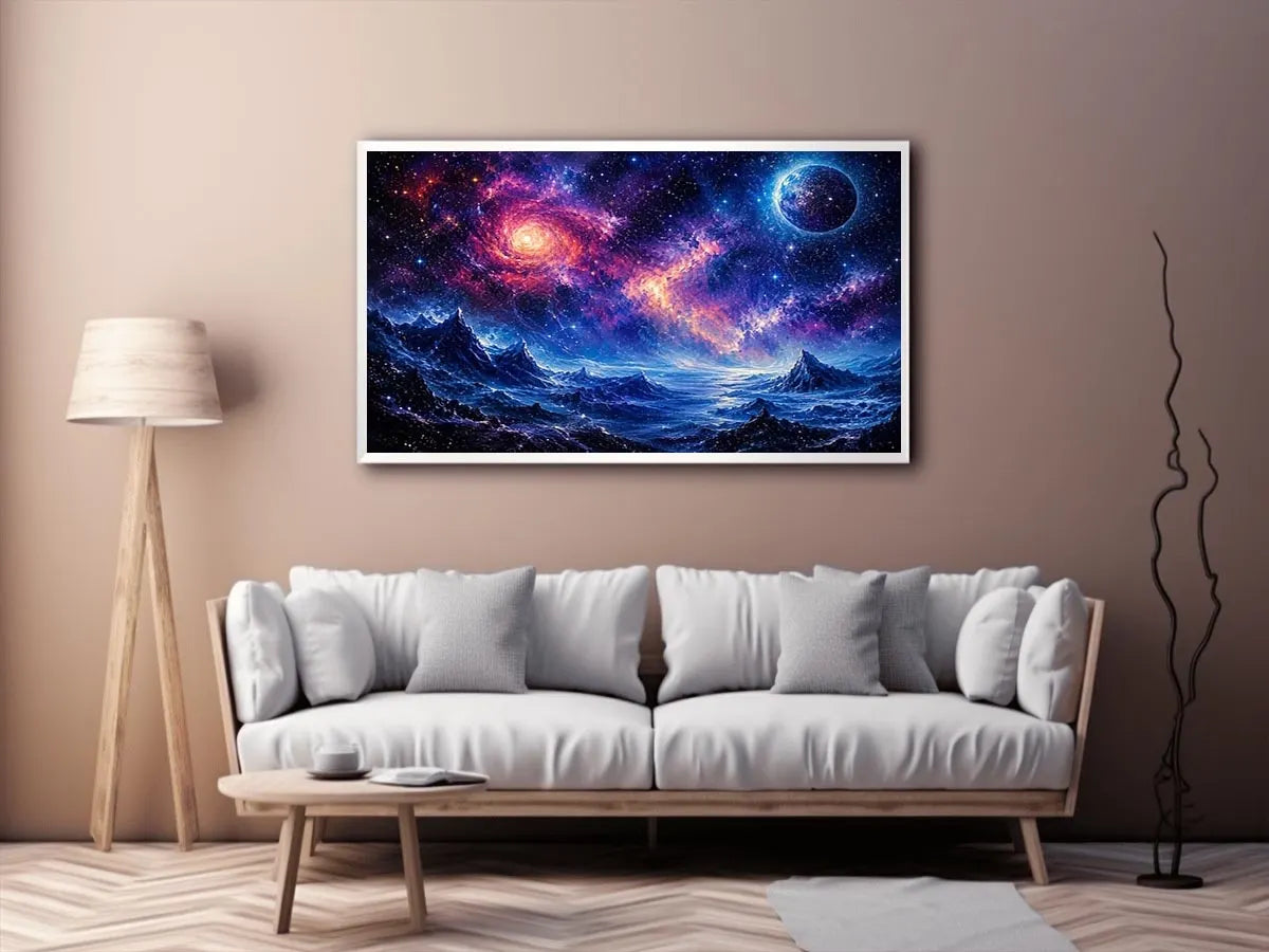 Fantasy cosmic landscape artwork featuring glowing galaxies, distant planets, stars, and surreal blue mountain terrain
