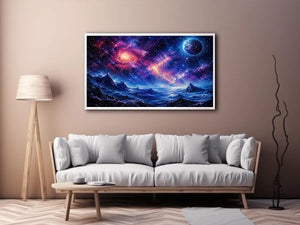 Fantasy cosmic landscape artwork featuring glowing galaxies, distant planets, stars, and surreal blue mountain terrain
