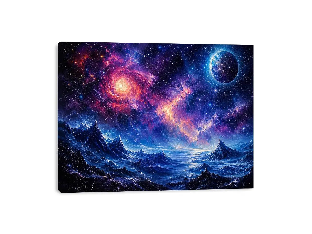 Fantasy cosmic landscape artwork featuring glowing galaxies, distant planets, stars, and surreal blue mountain terrain