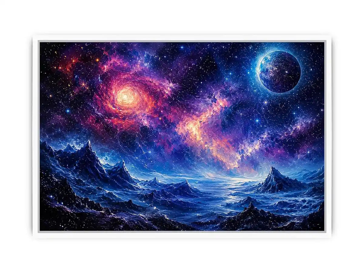 Fantasy cosmic landscape artwork featuring glowing galaxies, distant planets, stars, and surreal blue mountain terrain