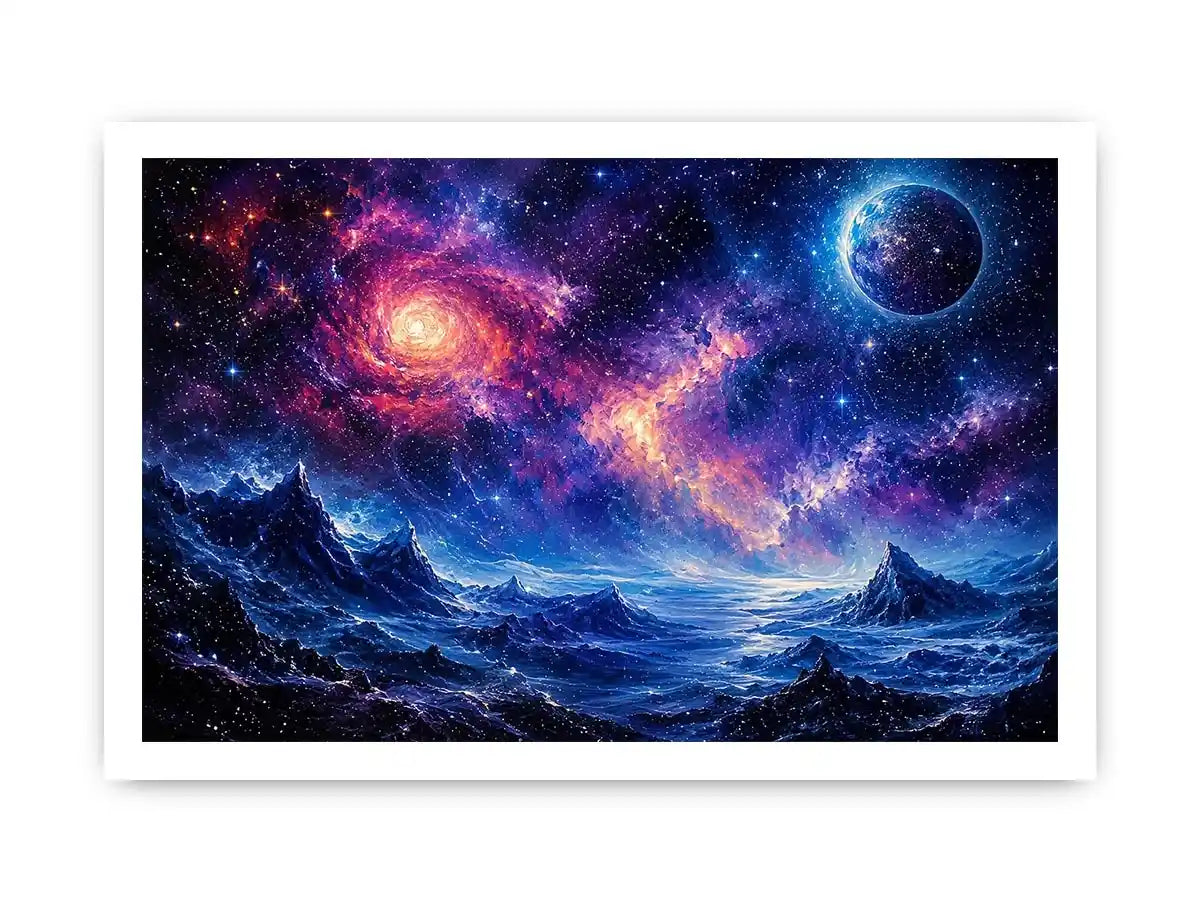 Fantasy cosmic landscape artwork featuring glowing galaxies, distant planets, stars, and surreal blue mountain terrain