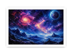 Fantasy cosmic landscape artwork featuring glowing galaxies, distant planets, stars, and surreal blue mountain terrain