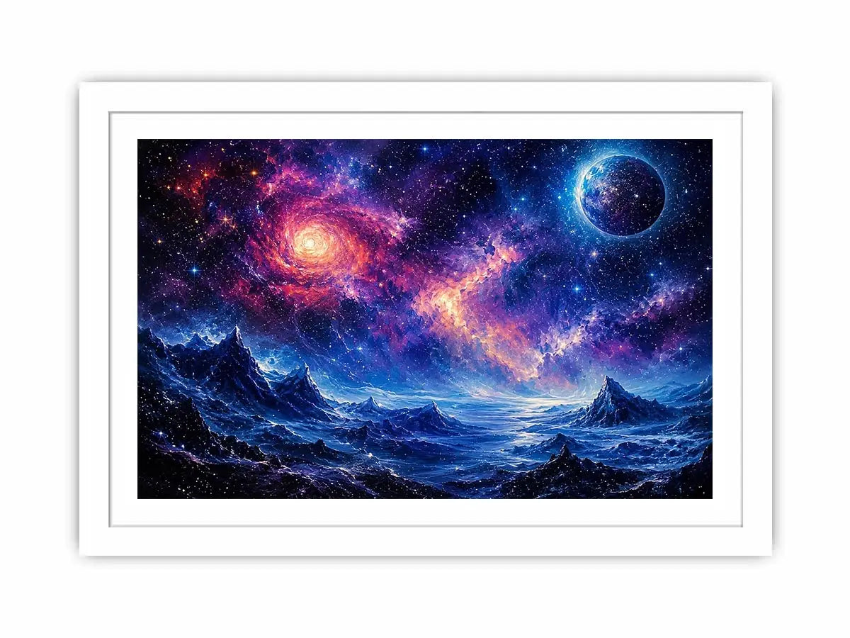 Fantasy cosmic landscape artwork featuring glowing galaxies, distant planets, stars, and surreal blue mountain terrain