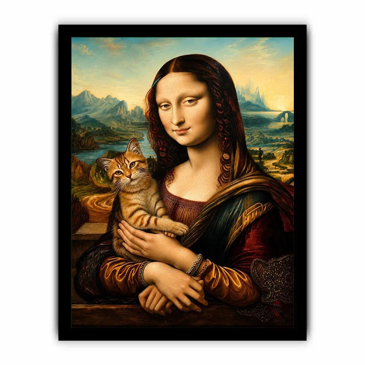 Luxury renaissance woman portrait holding ginger cat in surreal vintage landscape wall art