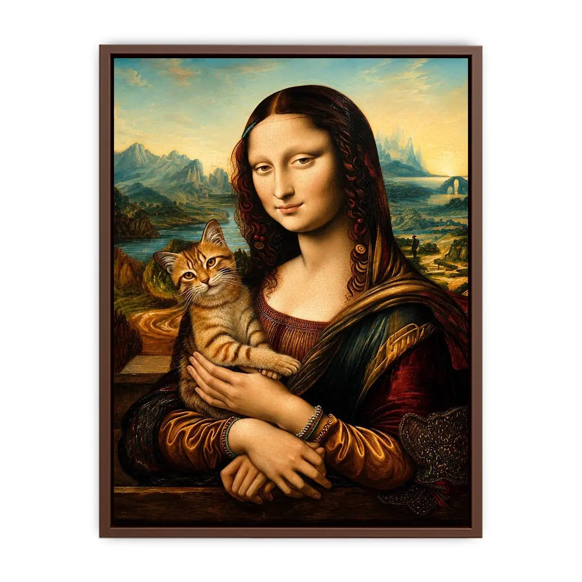 Luxury renaissance woman portrait holding ginger cat in surreal vintage landscape wall art