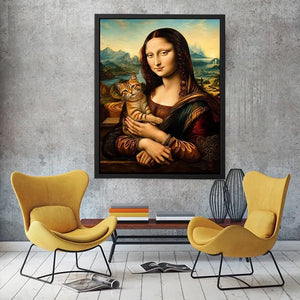 Luxury renaissance woman portrait holding ginger cat in surreal vintage landscape wall art