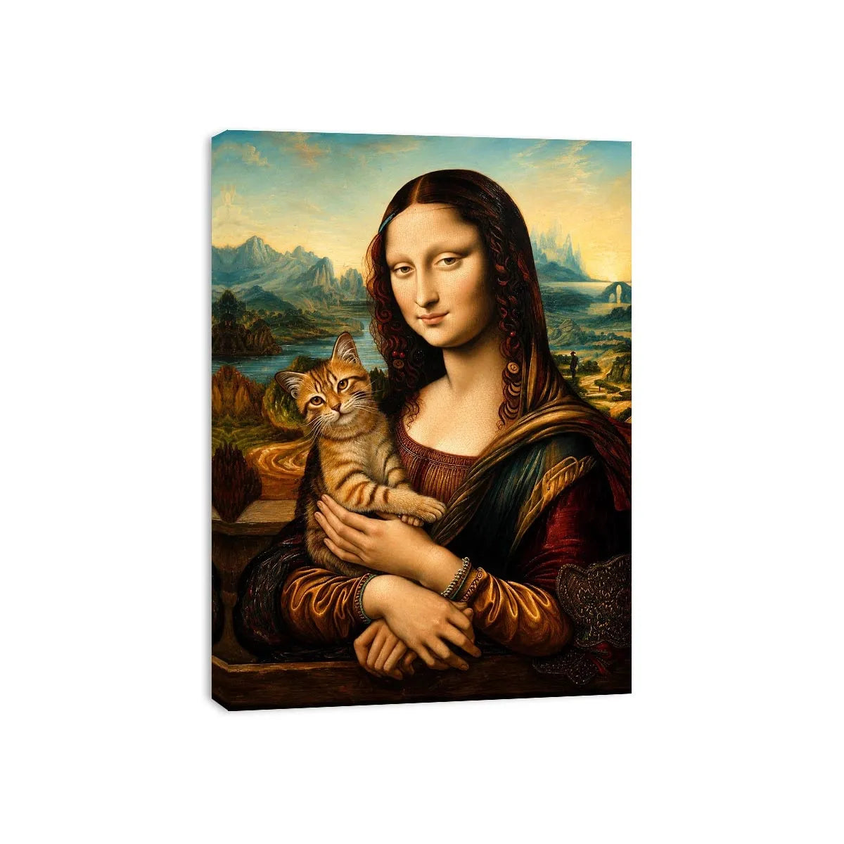 Luxury renaissance woman portrait holding ginger cat in surreal vintage landscape wall art