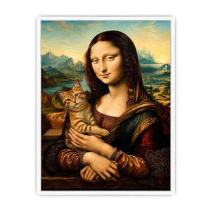 Luxury renaissance woman portrait holding ginger cat in surreal vintage landscape wall art