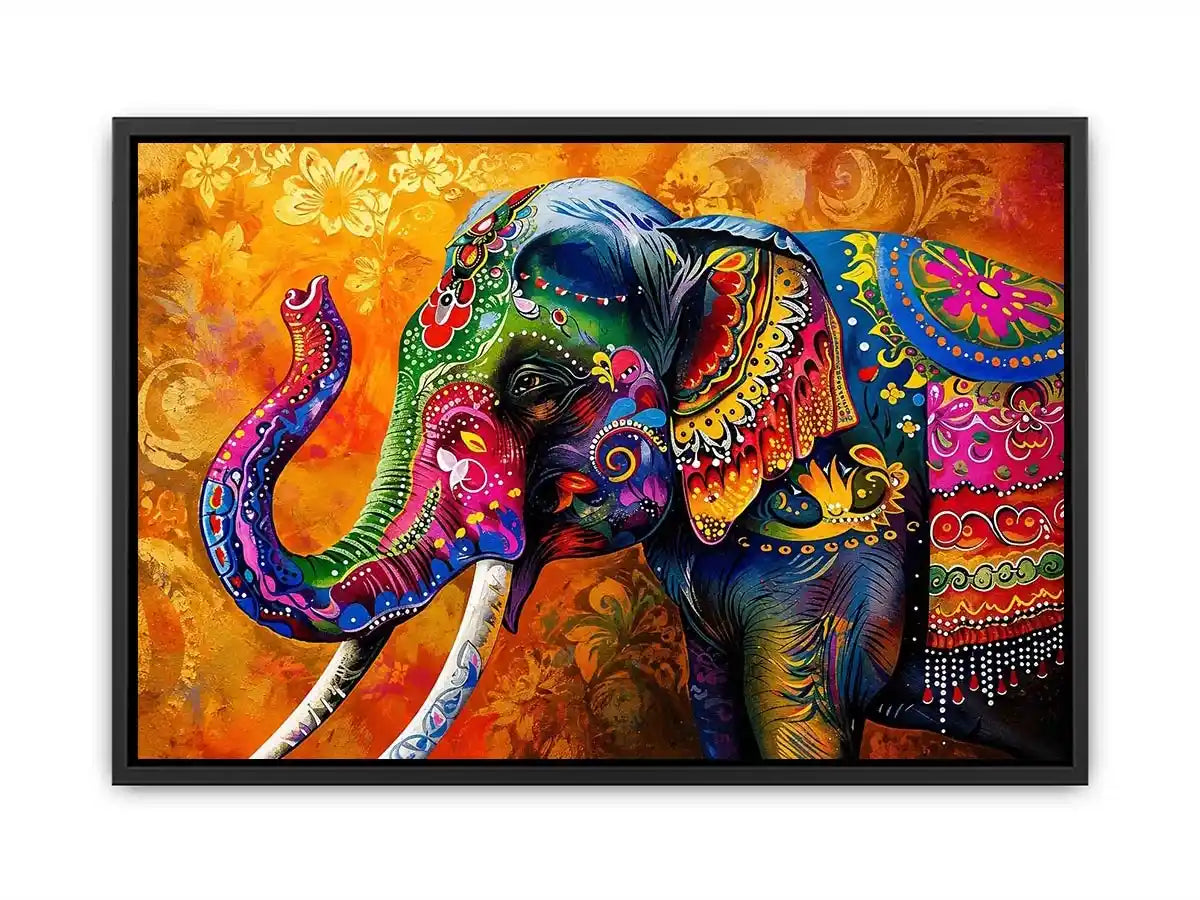 Colorful boho elephant painting with vibrant tribal patterns and luxury modern wall art design