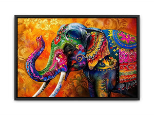 Colorful boho elephant painting with vibrant tribal patterns and luxury modern wall art design