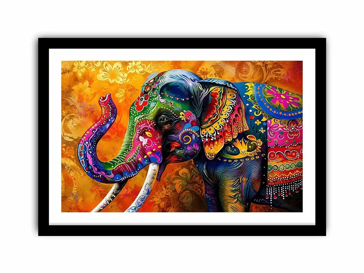 Colorful boho elephant painting with vibrant tribal patterns and luxury modern wall art design
