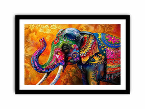 Colorful boho elephant painting with vibrant tribal patterns and luxury modern wall art design