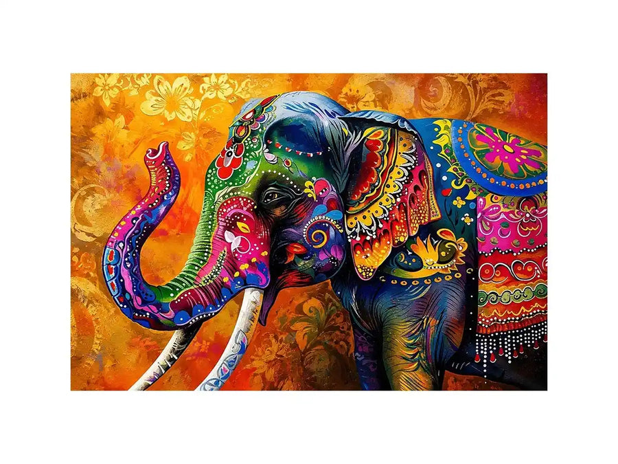 Colorful boho elephant painting with vibrant tribal patterns and luxury modern wall art design