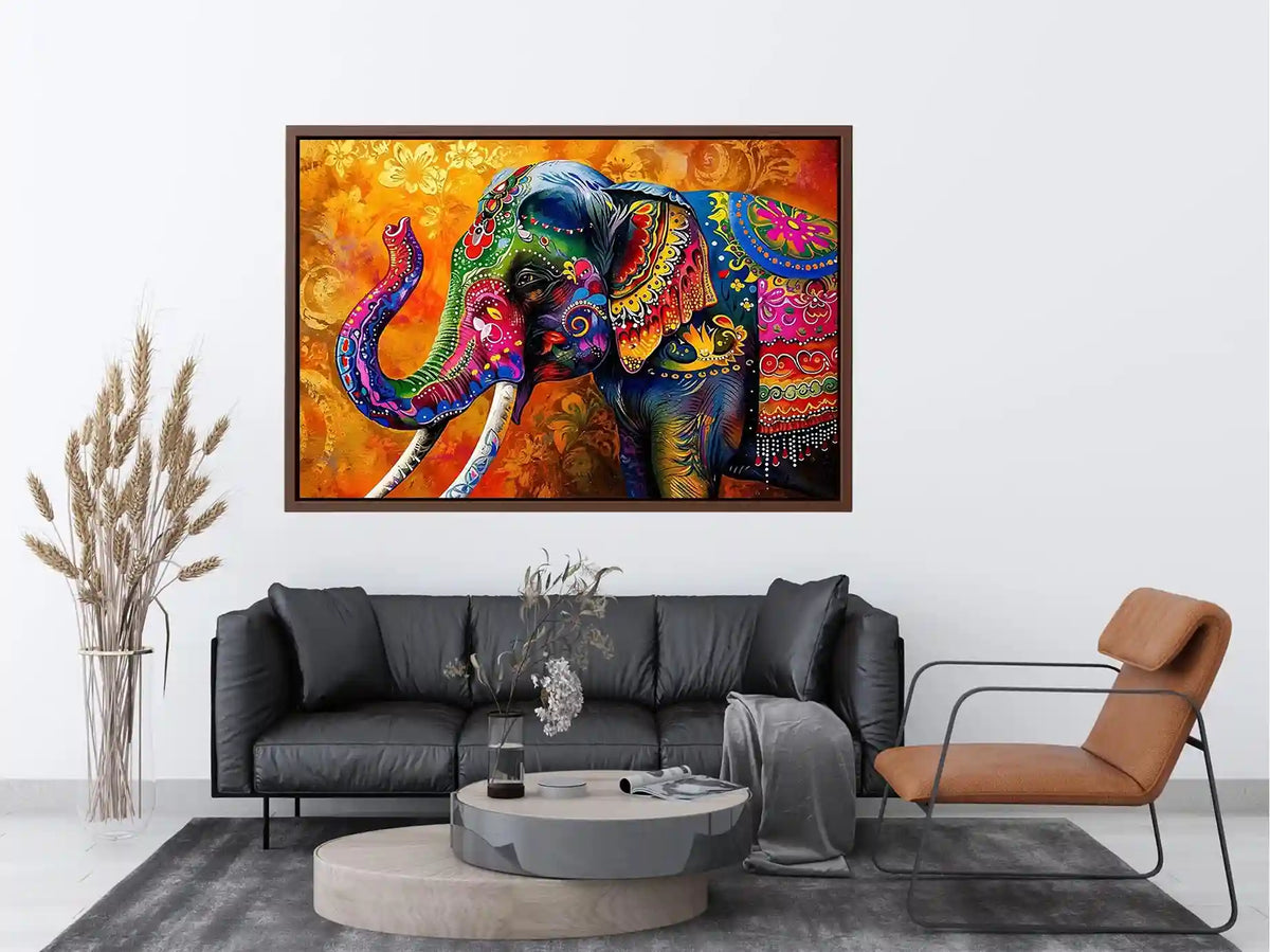 Colorful boho elephant painting with vibrant tribal patterns and luxury modern wall art design