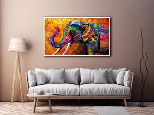 Colorful boho elephant painting with vibrant tribal patterns and luxury modern wall art design