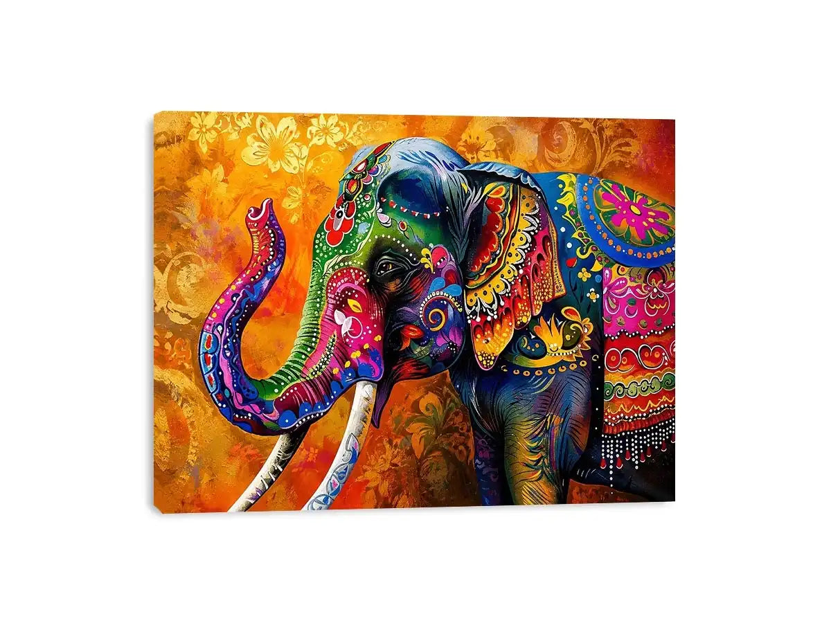Colorful boho elephant painting with vibrant tribal patterns and luxury modern wall art design